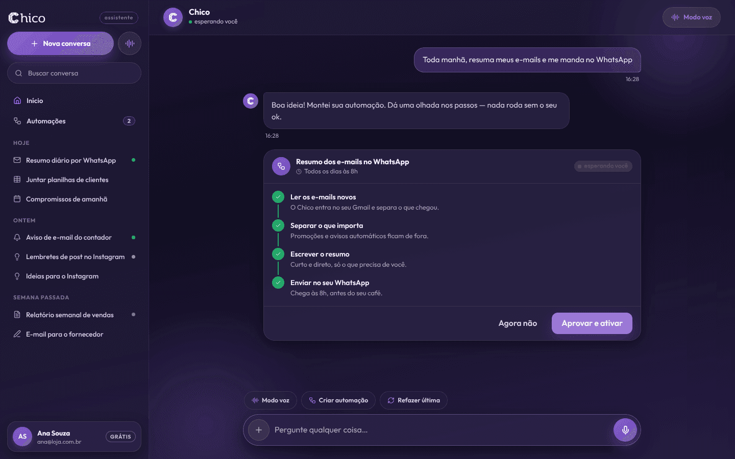 Console do Chico: o agente montou os passos de uma automação e espera a sua aprovação