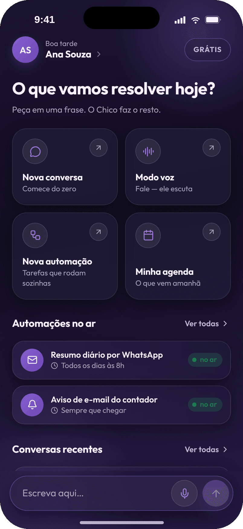 App do Chico no celular, tela inicial